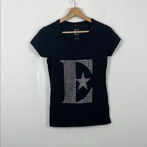 Elton John Embellished Rhinestone Star Design Logo Black V-Neck T-Shirt Women M